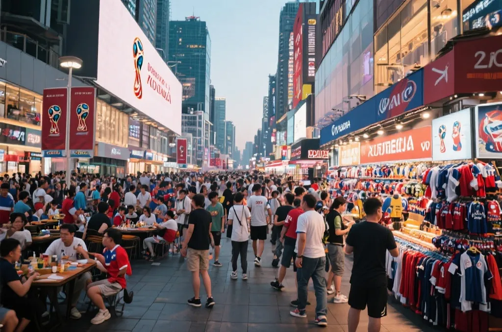 世界杯期间城市商业区和球迷消费场景的繁忙画面